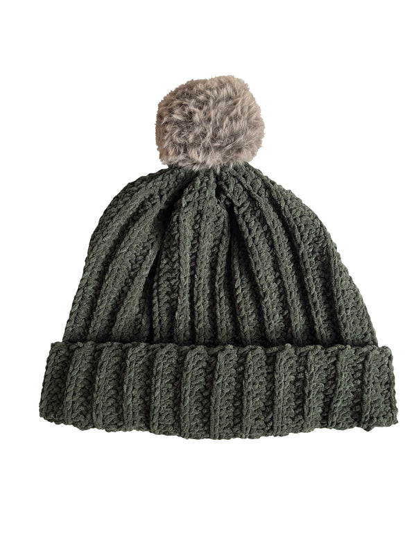 Forest Green With Mink Pom Beanie