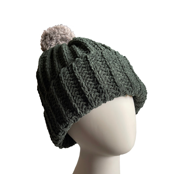 Forest Green With Mink Pom Beanie