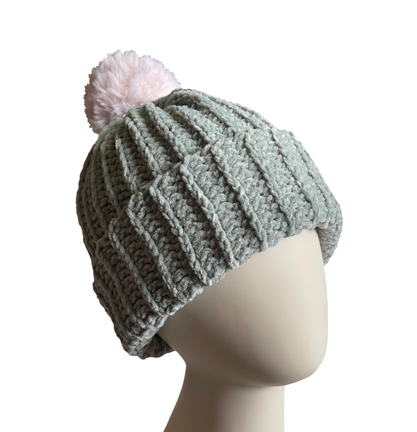 Jade With Soft Pink Pom Beanie