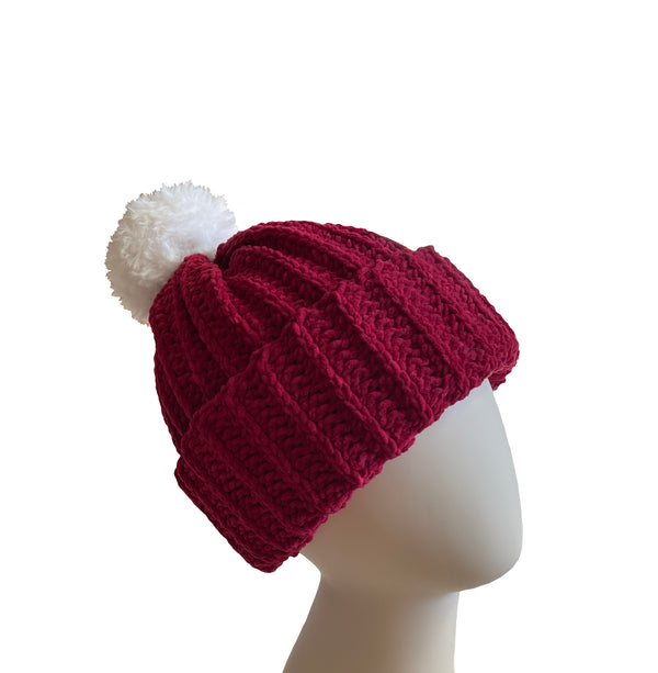 Rhubarb Red With White Pom Beanie