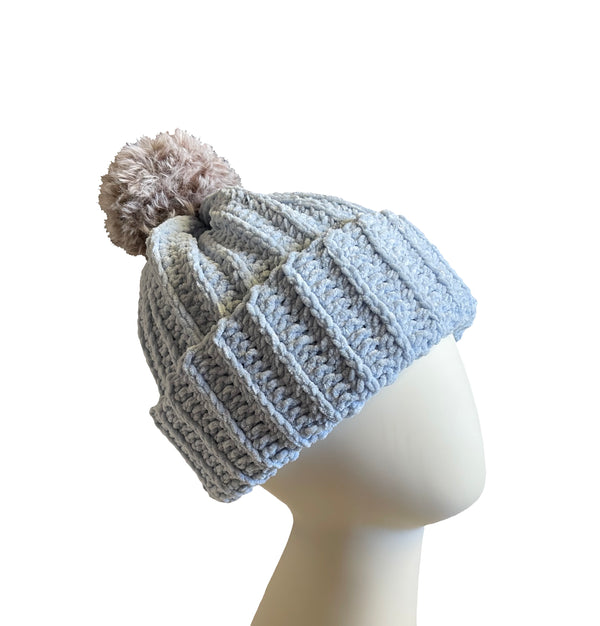 Light Blue With Chocolate Brown Pom Beanie